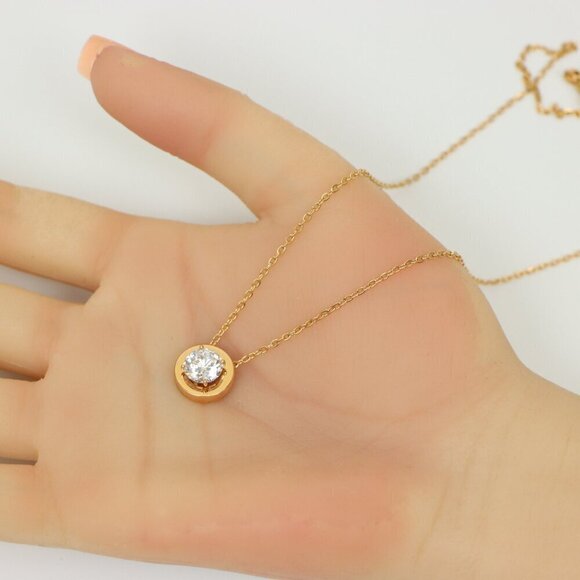 Minimalist Rose Gold Solitaire Necklace with Dainty Round Pendant, XPNL0176 - Picture 3 of 13